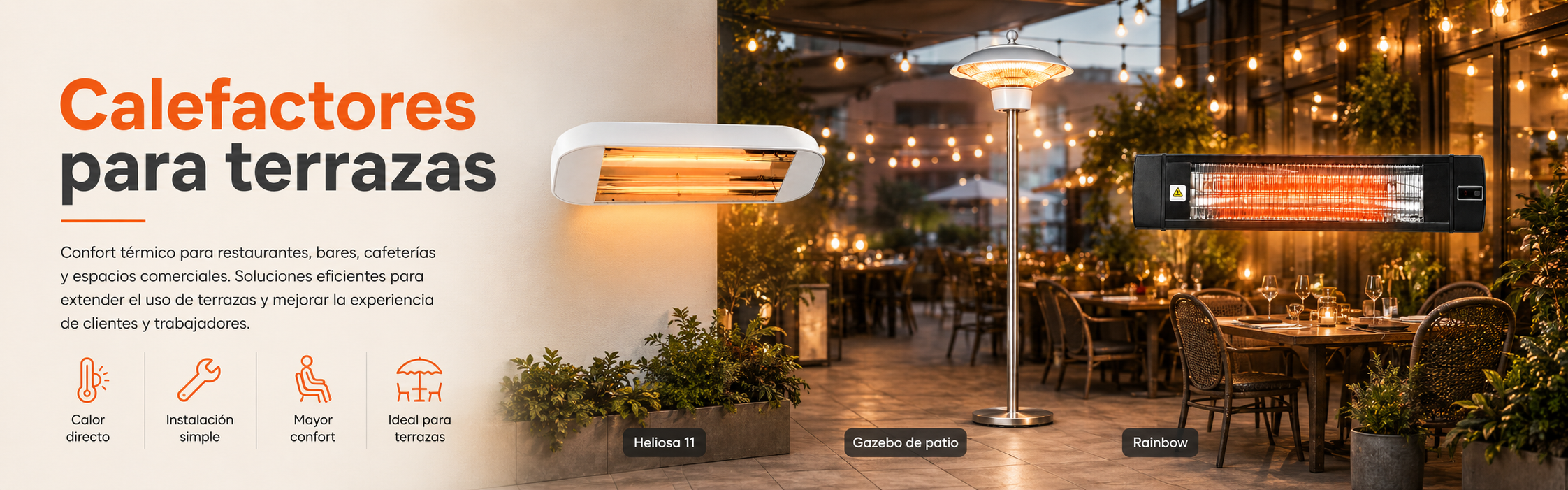 Calefactores infrarrojos para terrazas de restaurantes, cafeterías y locales comerciales en Chile